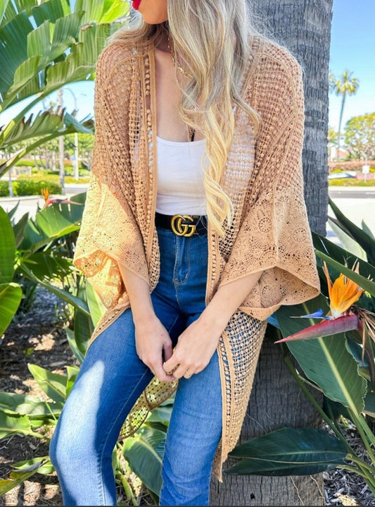 Tan Floral Crochet Wide Sleeve Kimono