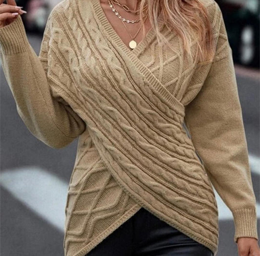 Khaki V-neck wrap sweater
