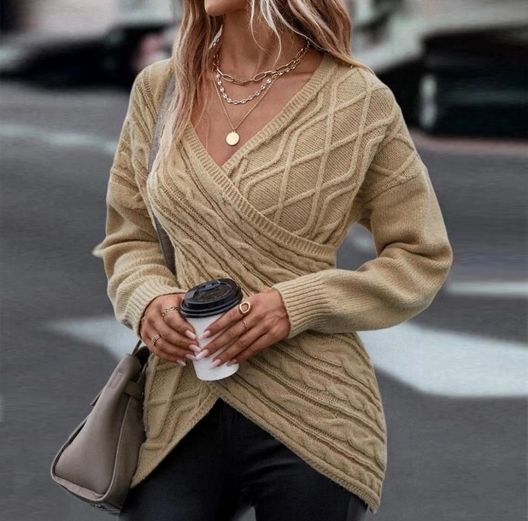 Khaki V-neck wrap sweater