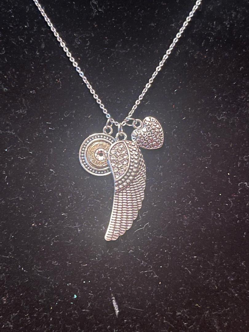 Silver Feather Rhinestone Bullet Necklace