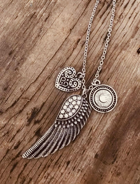 Silver Feather Rhinestone Bullet Necklace