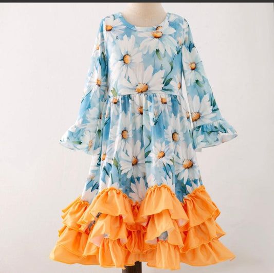 Blue Daisy yellow ruffle dress
